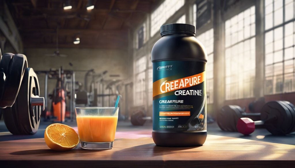 Een fles Creapure Creatine in een sportschoolomgeving.