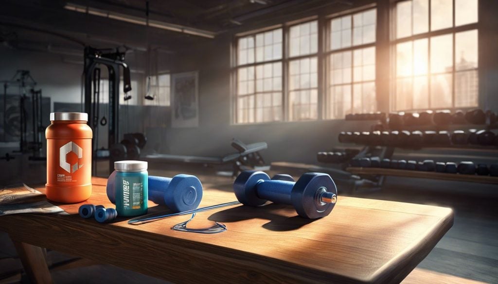 Een kilo creatinepoeder op een sportschoolbank, omringd door gewichten en weerstandsbanden.