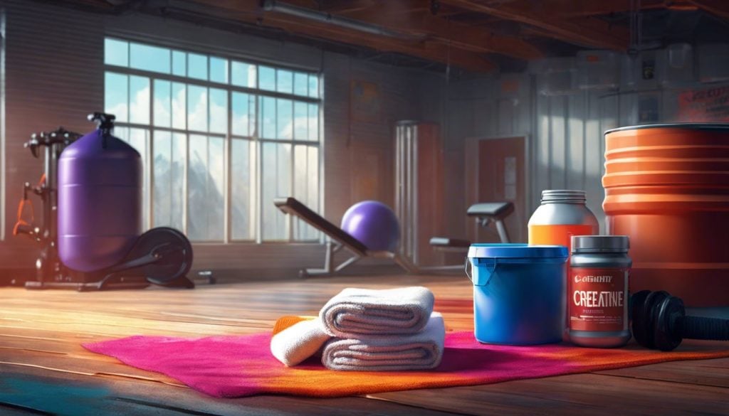 Een container creatinepoeder omringd door fitnessapparatuur en handdoeken.