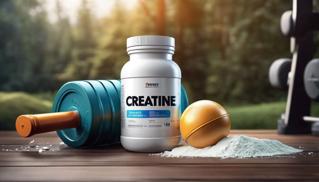 Een fles creatinepoeder te midden van sportschoolapparatuur en buitenlandschap.