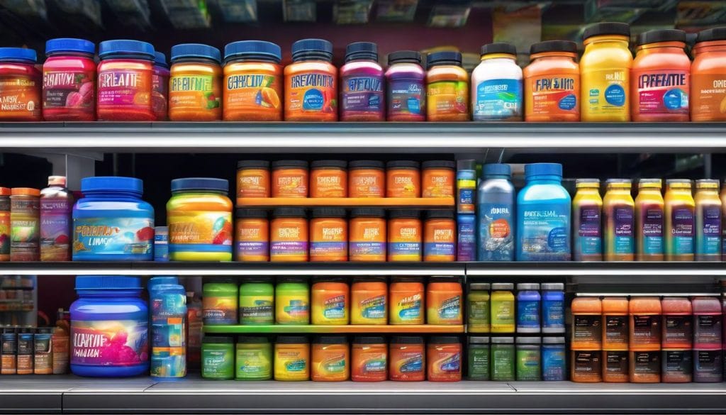 Een verscheidenheid aan creatinesupplementen op display in een moderne supermarkt.