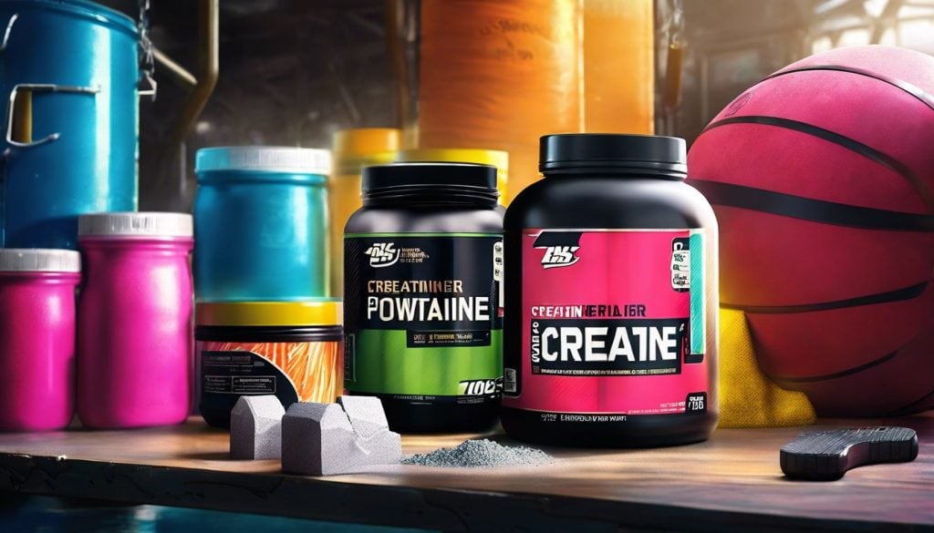 Een potje creatinepoeder tussen fitnessapparatuur.