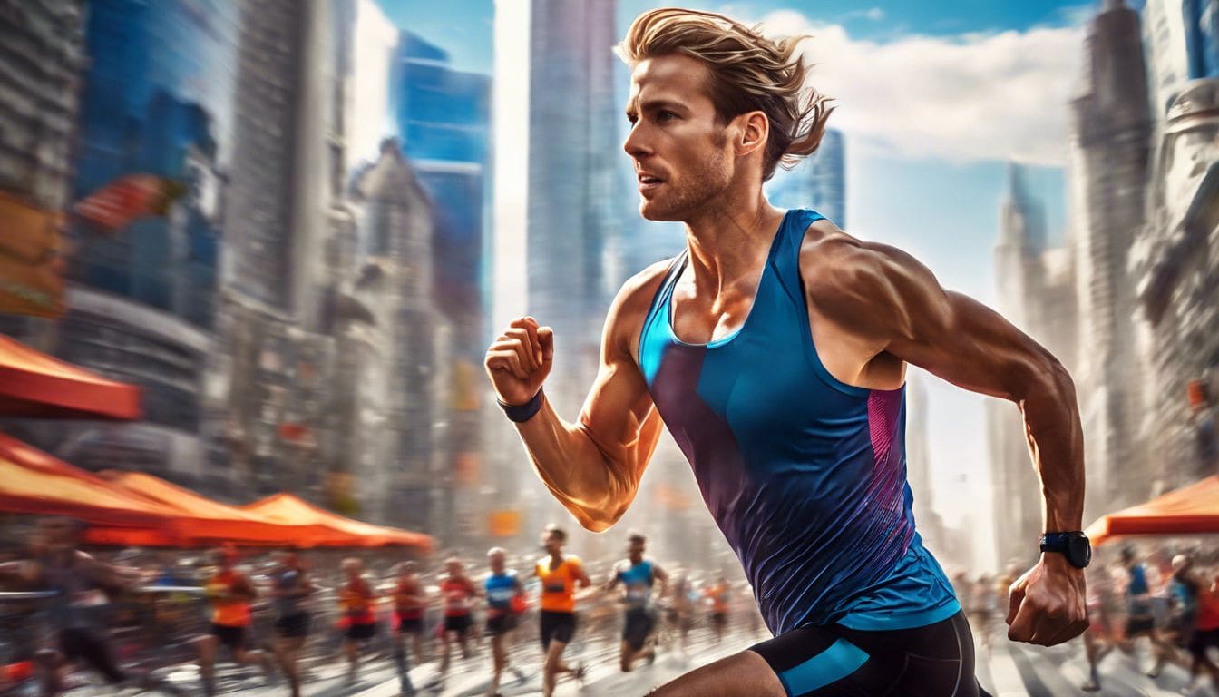 Een marathonsporter die triomfantelijk de finishlijn oversteekt in een bruisende stadsmarathon.