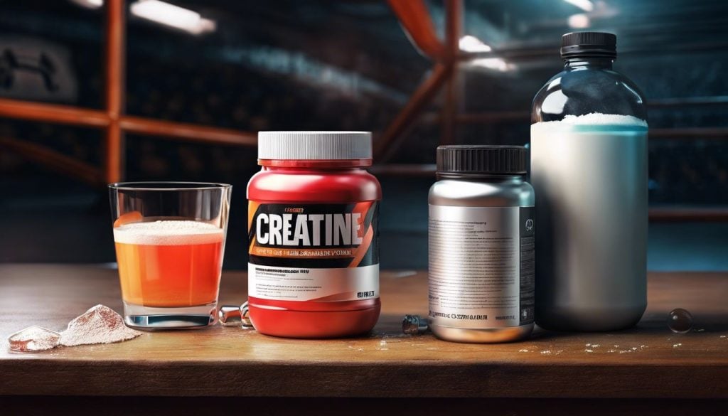 Een container creatinepoeder en een glas alcohol op een sportschoolbank.