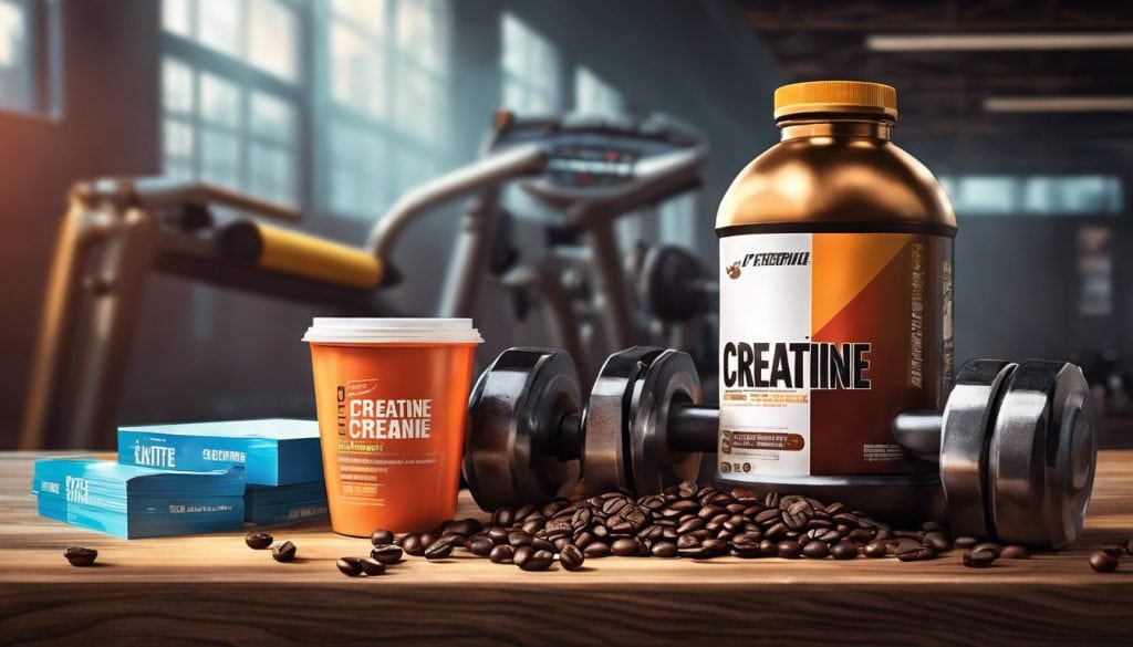 Een fles creatine en koffiebonen op een fitnessbank met trainingsapparatuur.