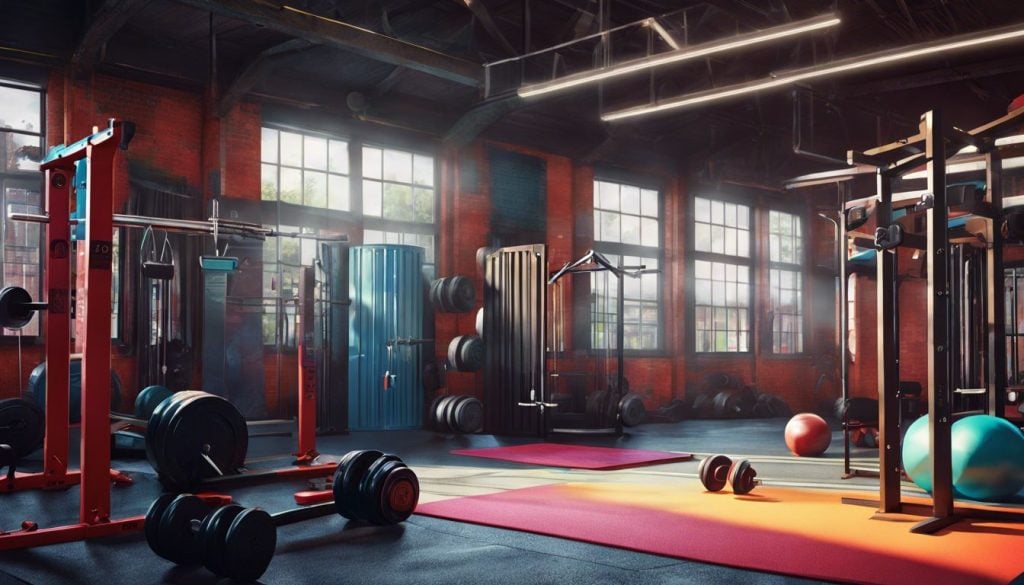 Een container creatinepoeder in een levendige en energieke sportschoolomgeving.