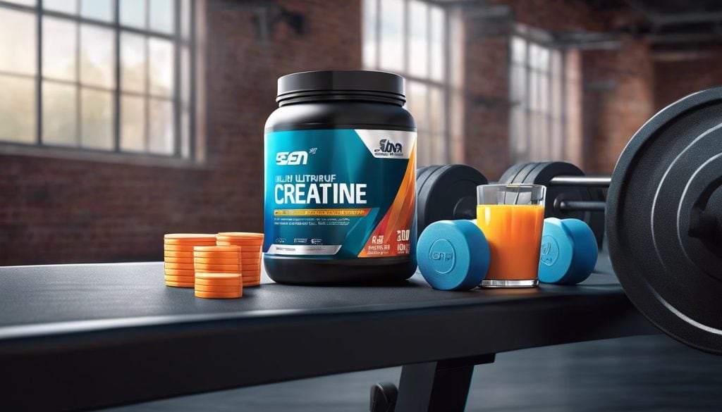 Een container van ESN Ultrapure Creatine Monohydraat op een fitnessbank in een levendige sportschoolomgeving.
