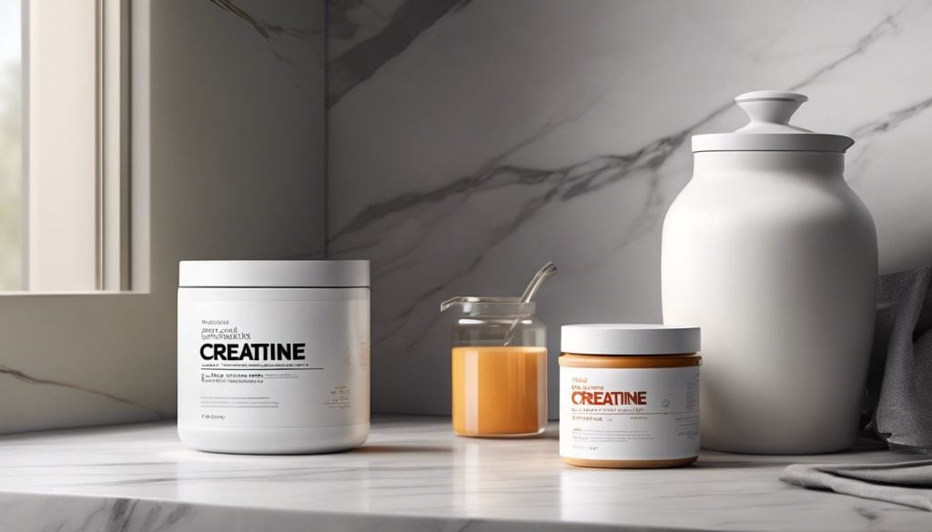 Een pot creatinepoeder op een strakke marmeren aanrecht in een minimalistische moderne keuken.