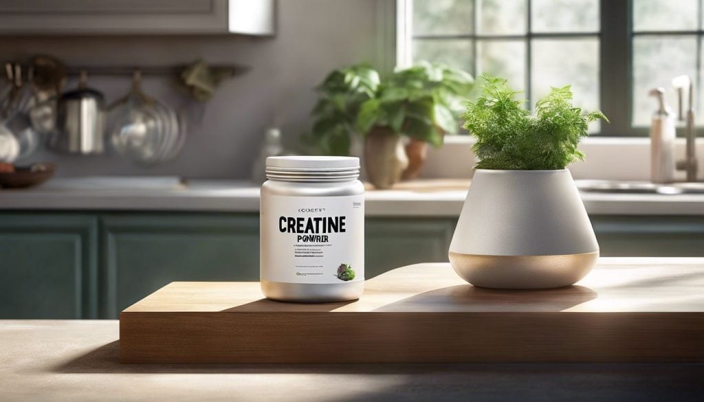 Een pot creatinepoeder op een strakke keukenblad met natuurlijk licht.