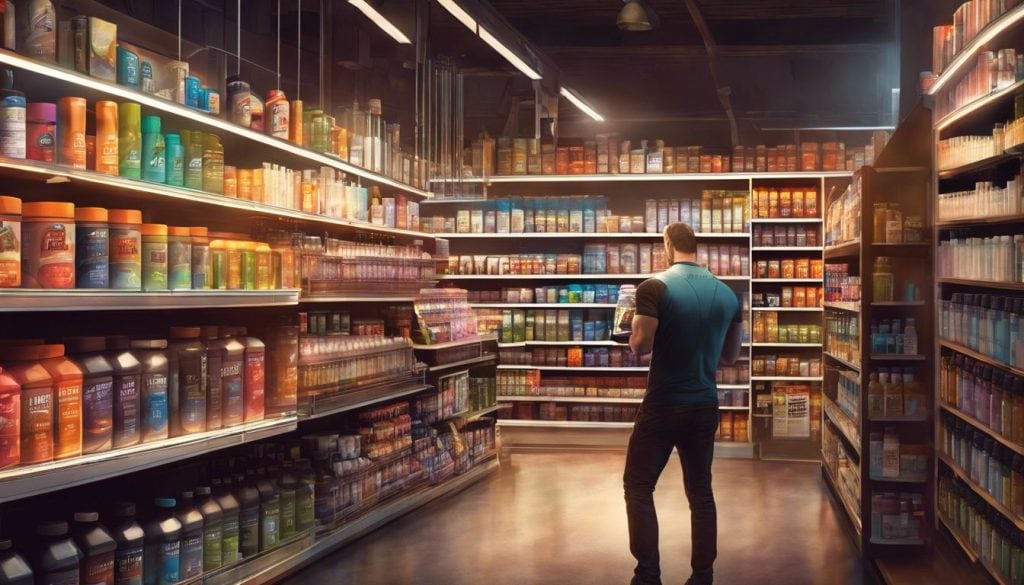 Een persoon bladert door betaalbare creatinesupplementen in een goed georganiseerde winkel.