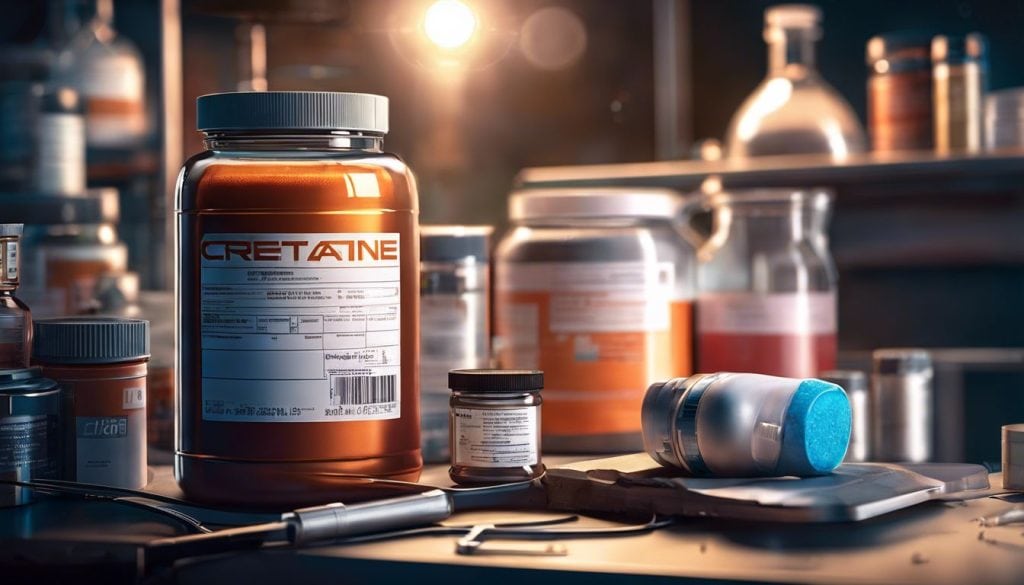 Een container creatine omringd door wetenschappelijke apparatuur in een laboratorium.