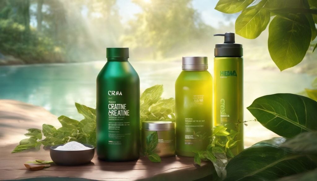 Een fles creatine Hema omringd door huidverzorgings- en sportbenodigdheden in een serene buitenomgeving met weelderig groen en zonlicht.