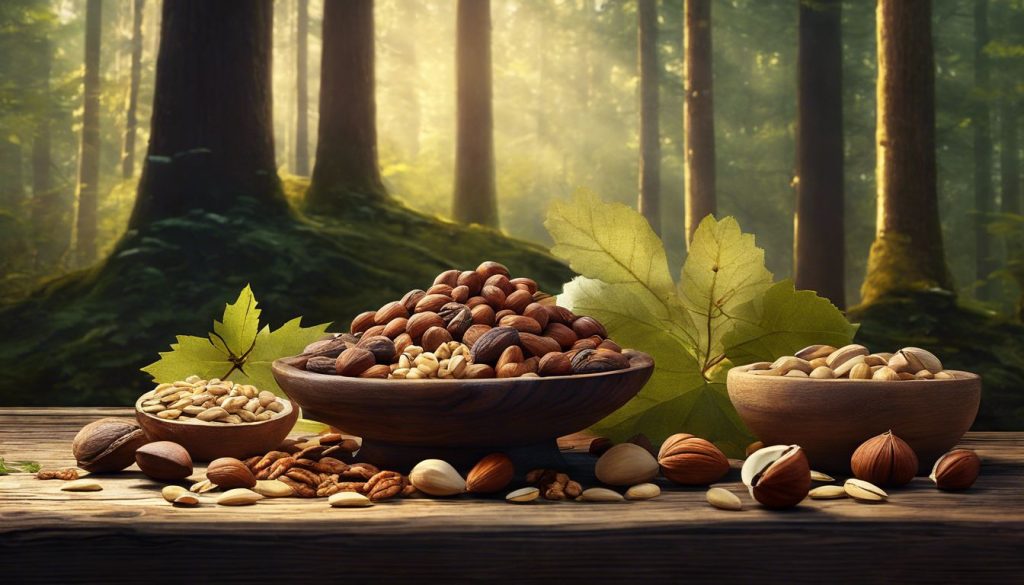 Een selectie van noten en zaden op een rustieke houten tafel in een natuurlijke bosomgeving.