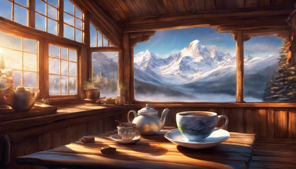 Een warme kop creatine-thee in een knusse berghut met sneeuwlandschap.
