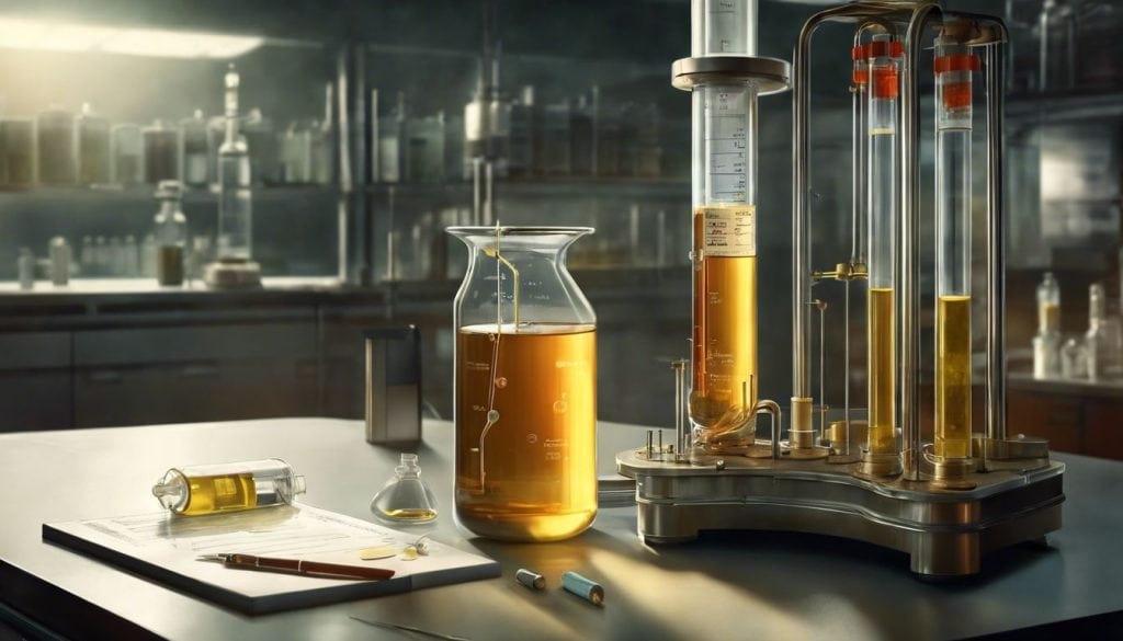 Een laboratorium met een urine testbuis en een niermodel voor onderzoek en analyse.