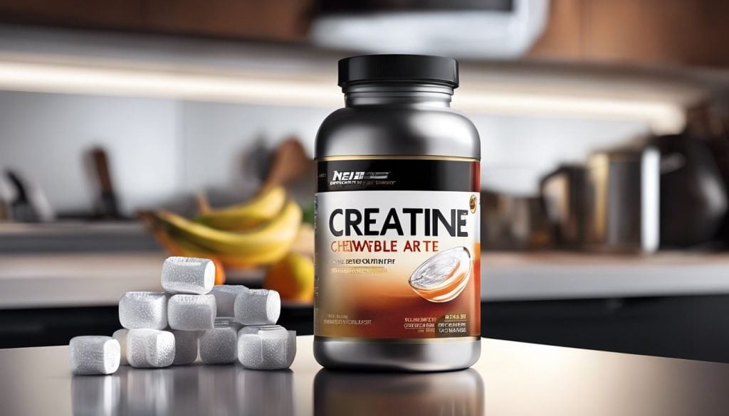 Creatine kauwtabletten op een moderne keukenaanrecht.