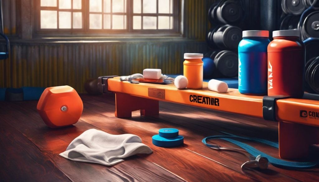Een container creatinepoeder omringd door sportuitrusting in de sportschool.