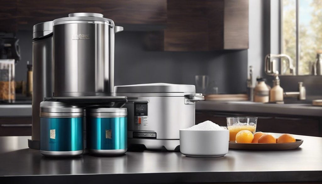 Een container creatinepoeder op een minimalistisch aanrecht in een luxueuze keuken.