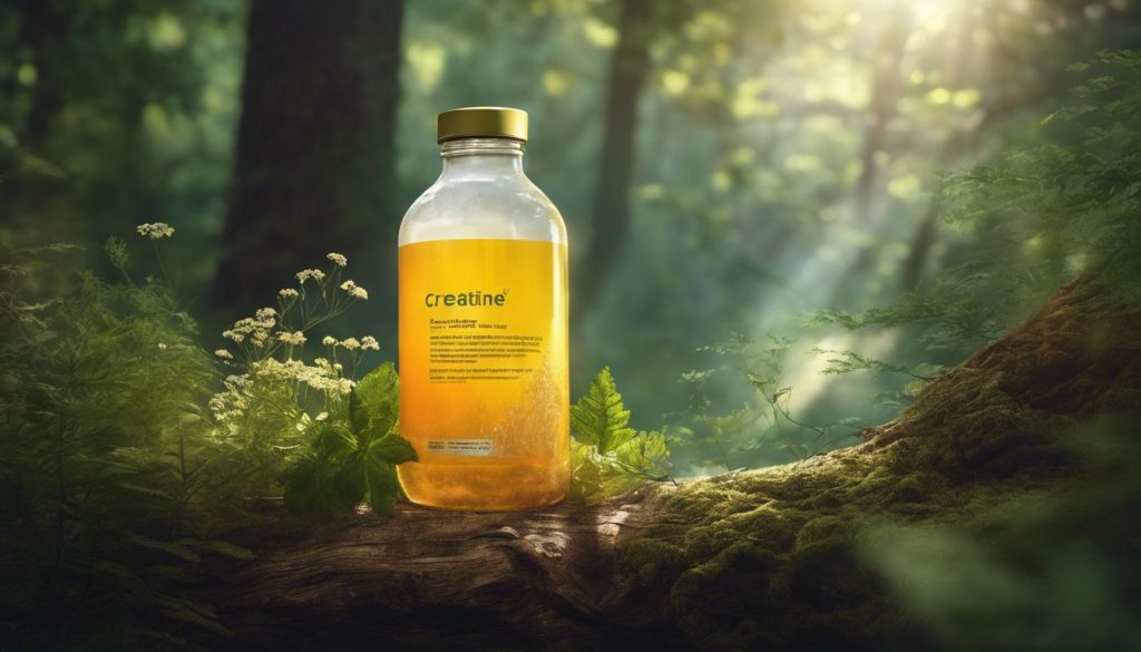 Een fles creatine supplement omgeven door hormoonbalancerende kruiden en natuurlijke ingrediënten in een rustig boslandschap.