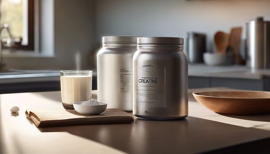 Een pot creatinepoeder op een schone aanrecht, minimalistische omgeving.
