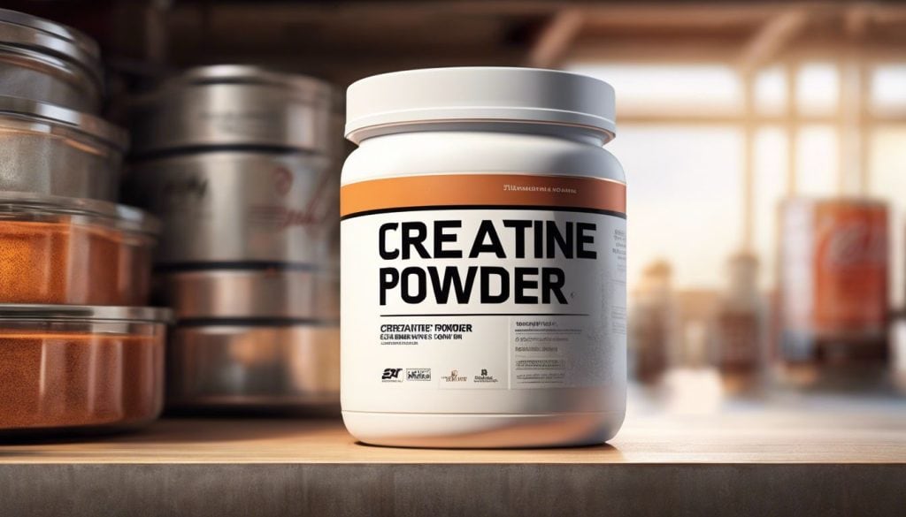 Een open container creatinepoeder op een schone, georganiseerde plank.