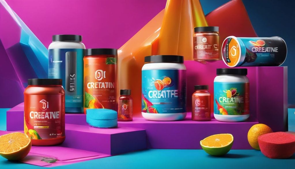 Een assortiment van smaakvolle creatinesupplementen op modern fitnessapparatuur.