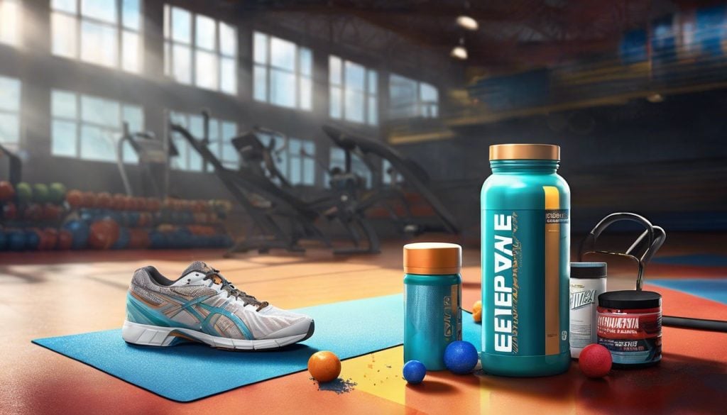 Een fles creatinepoeder en sportuitrusting op een fitnessvloer.