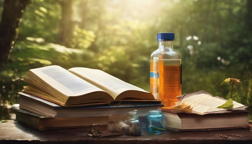 Een flesje creatine supplement omringd door wetenschappelijke boeken en onderzoeksartikelen, natuur, en diversiteit.