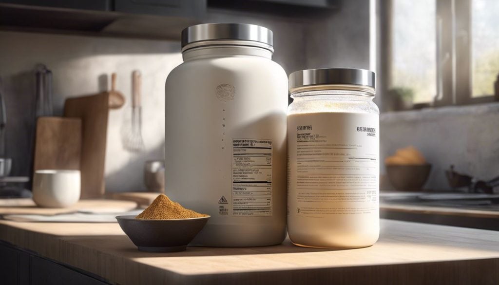 Een container met creatinepoeder op een strakke keuken aanrecht.