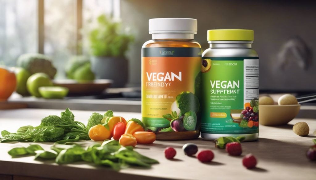 Veganistische supplementen op een strak aanrecht in een minimalistische keuken.