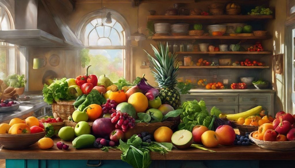 Een overvloed aan heldere, verse groenten en fruit in een levendige keuken.