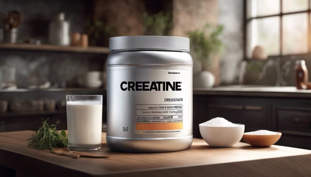Een potje creatinepoeder op een strakke keukenblad.