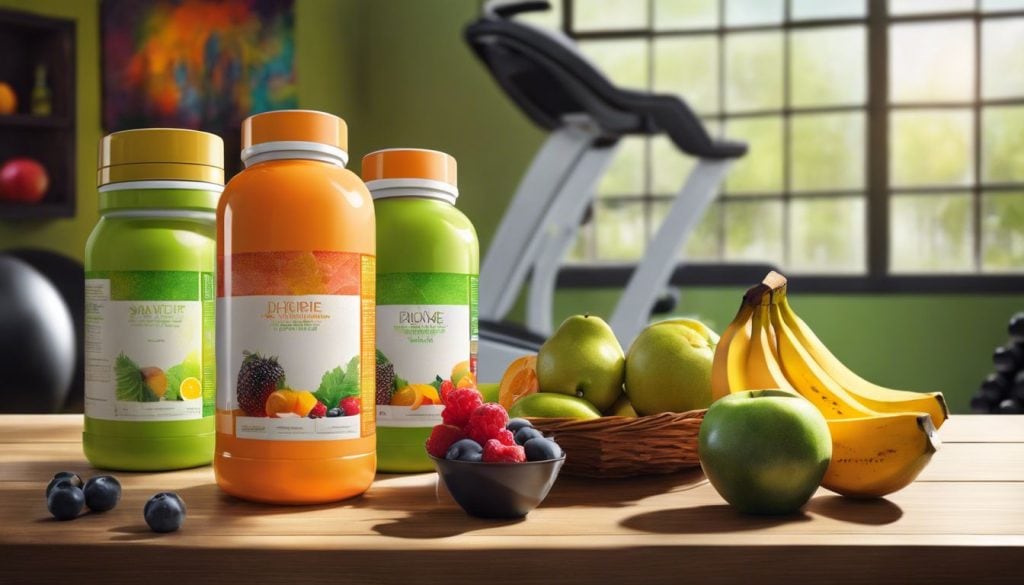 Twee supplementflessen te midden van een levendige sportschoolomgeving.