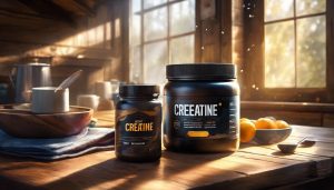 Een container creatine en een fitness tracker op een houten tafel.