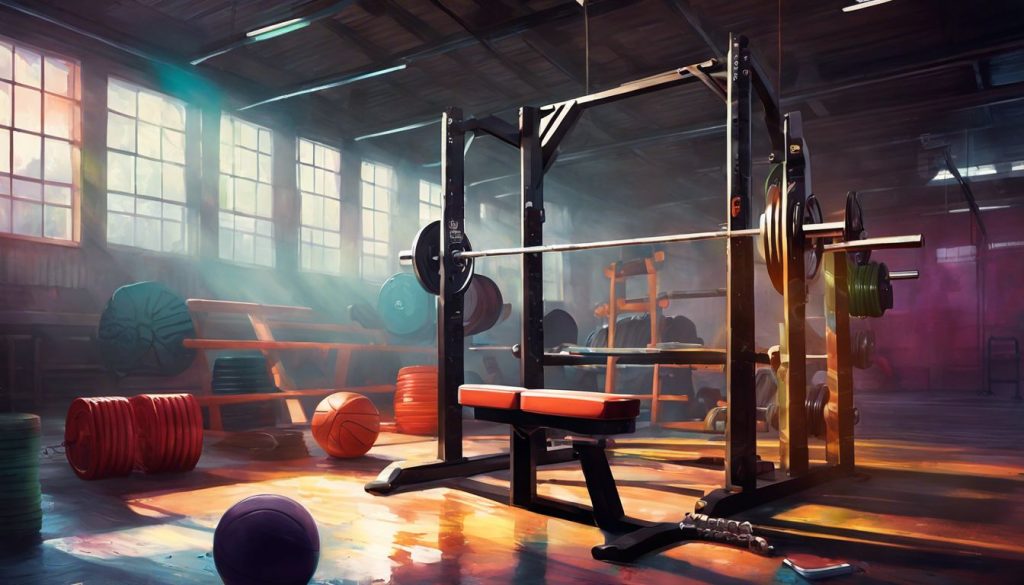 Een container creatinepoeder op een gewichtbank in een levendige sportschoolomgeving.