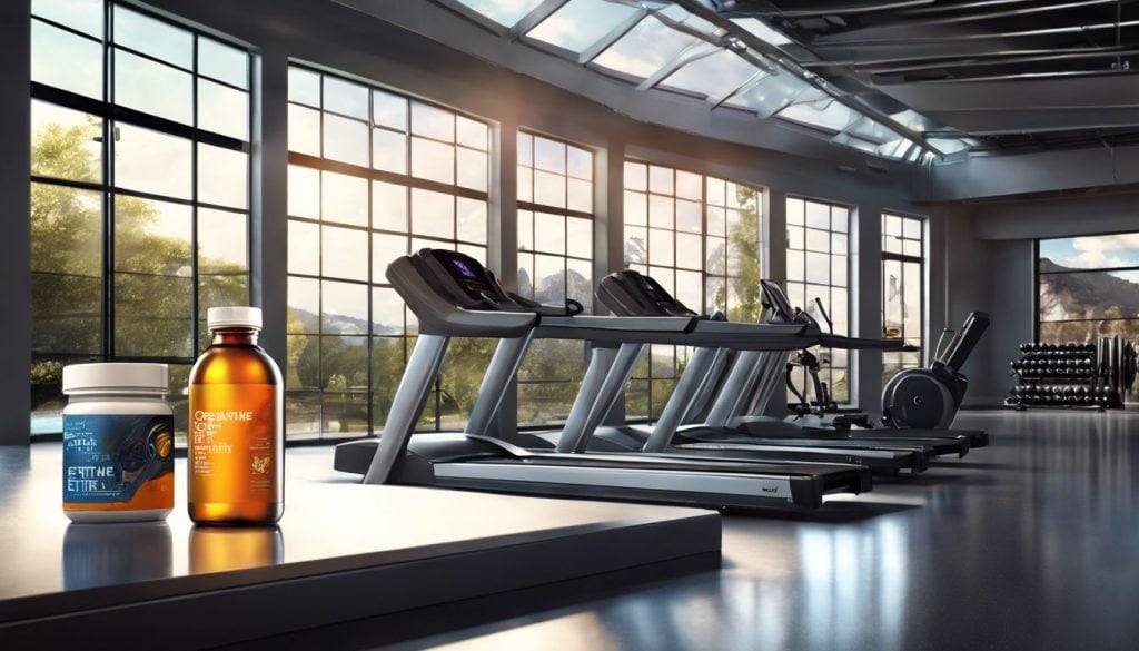 Een fles creatine ethyl ester in een moderne sportschoolomgeving.