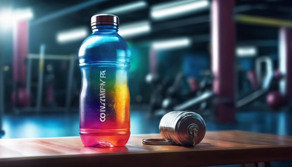 Een transparante waterfles in een sportschool met dynamische sfeer en fitnessapparatuur.