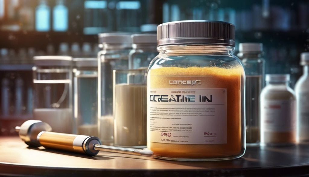 Een transparante pot creatinepoeder op een laboratoriumtafel, met laboratoriumapparatuur en reageerbuizen eromheen.