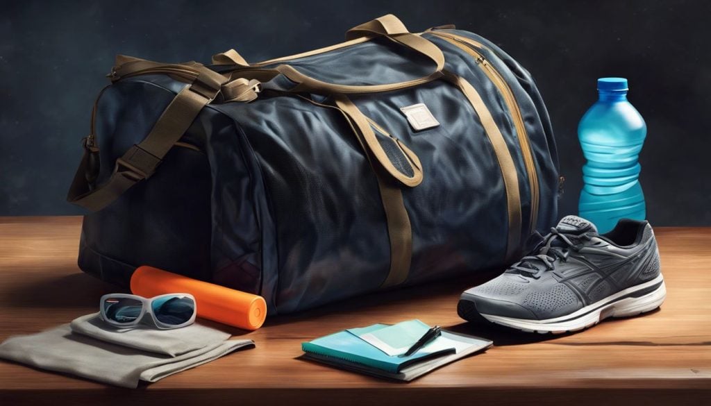 Een fles creatine in een reistas, omringd door sportkleding en een waterfles, klaar voor fitnessavontuur.