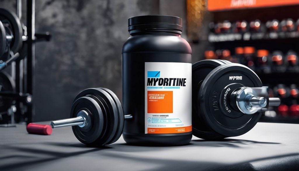 Een fles Myprotein Creatine naast gewichten in een moderne sportschool.
