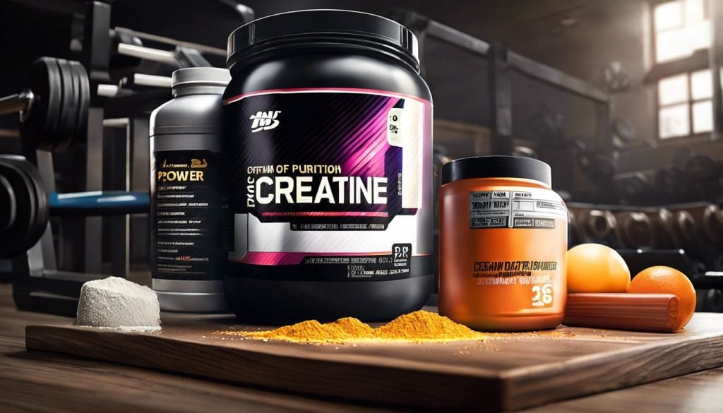Een emmer Optimum Nutrition Creatinepoeder op een sportschoolbank.