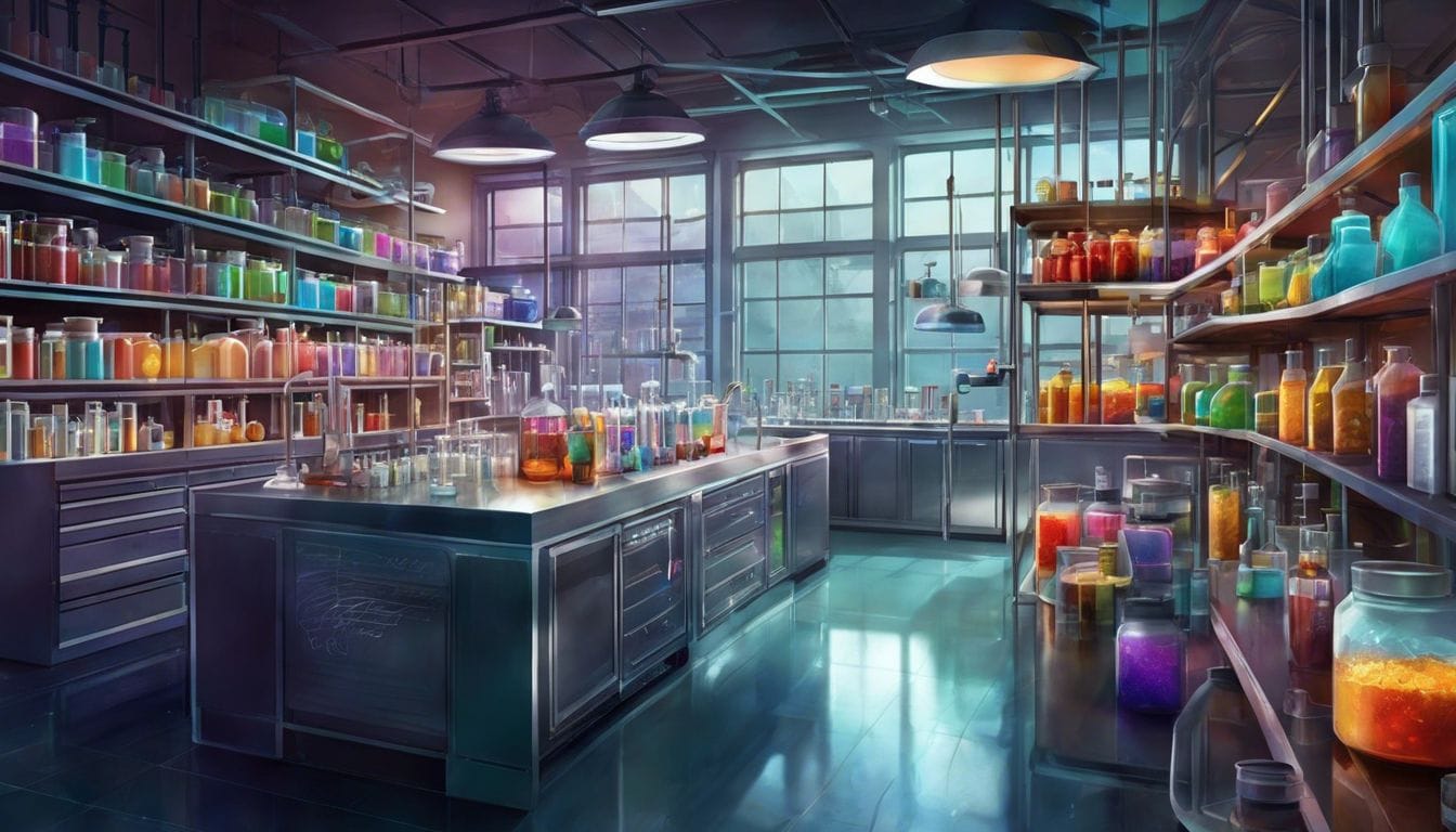 Een goed georganiseerd laboratorium met kleurrijke creatine-ingredi&euml;nten en geavanceerde apparatuur.