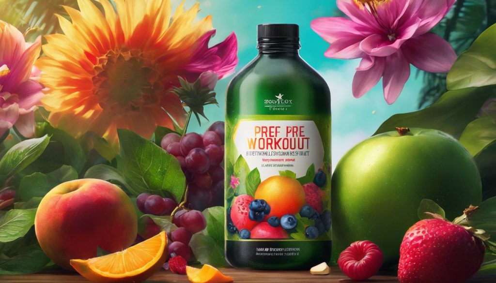 Een fles pre-workout supplement omringd door energieke vruchten en bloeiende bloemen.