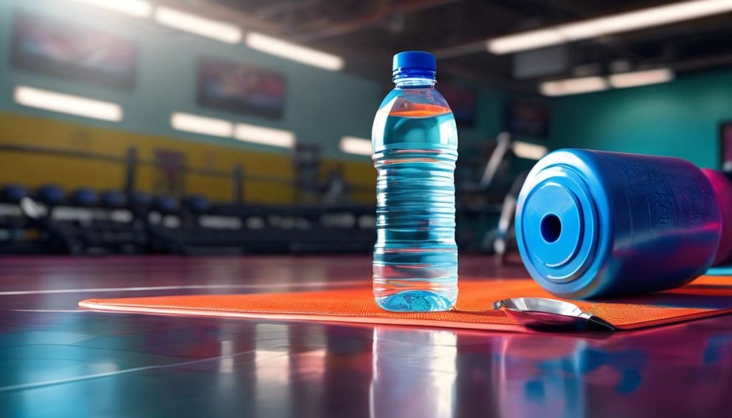 Een fles water en creatine op de sportschoolvloer.