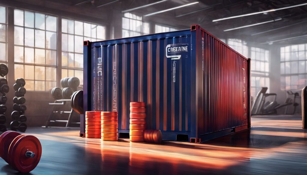 Een container creatine monohydraat in een goed verlichte sportschoolomgeving met nadruk op het aantrekkelijke ontwerp en kleuren.