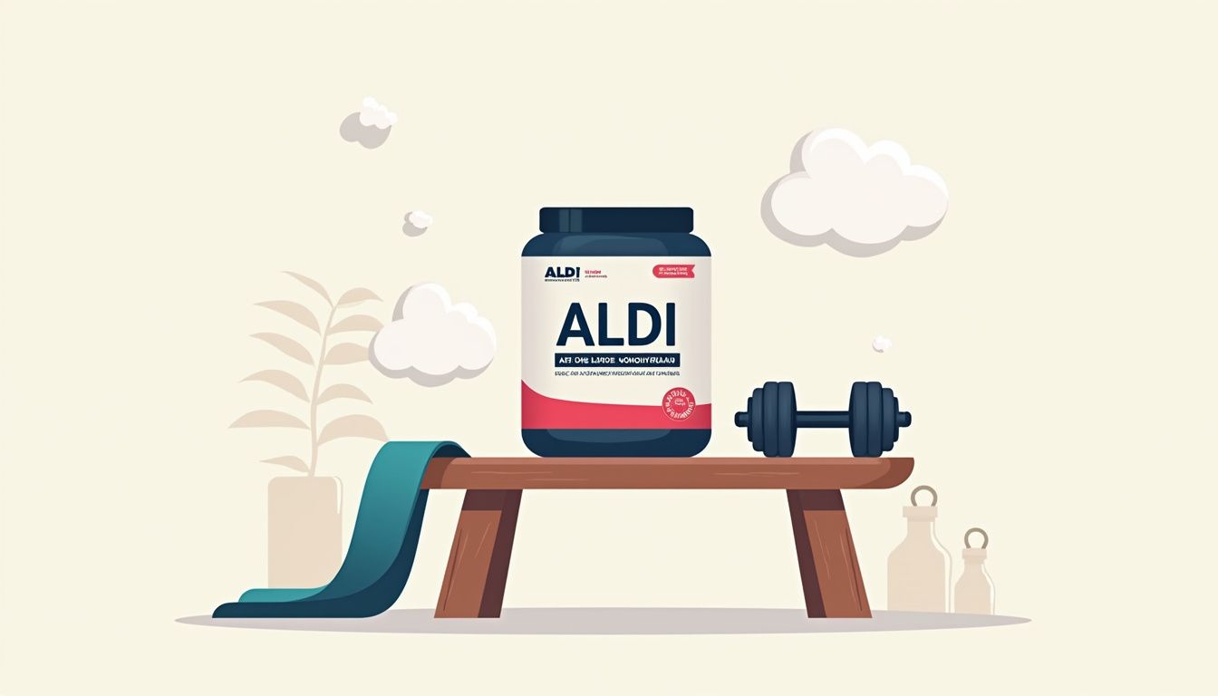 Minimalistische illustratie van ALDI Creatine met fitnessiconen en zachte achtergronden. Minimalistische illustratie van ALDI Creatine met fitnessiconen en zachte achtergronden.