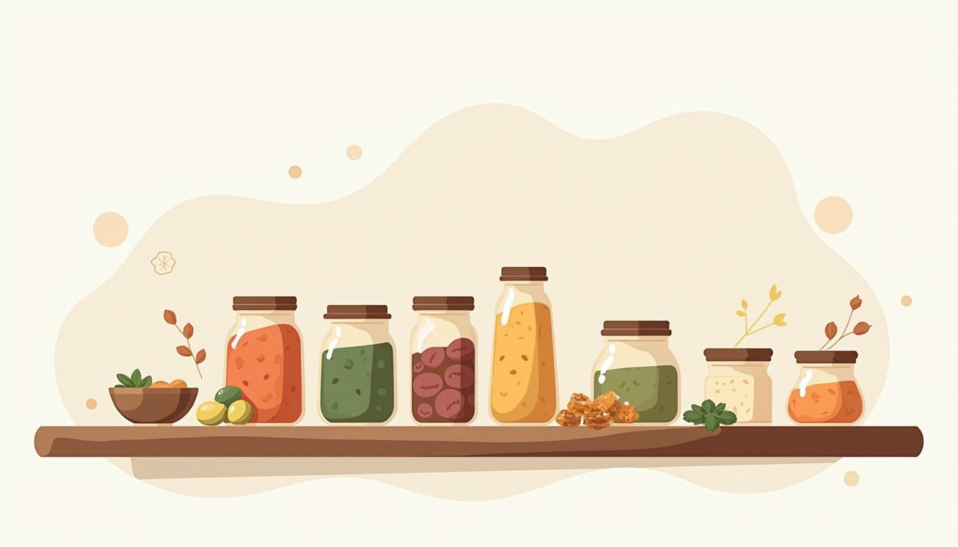 Vlakke illustratie van potten met natuurlijke ingredi&euml;nten op een houten tafel.