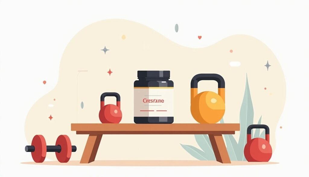 Minimalistische illustratie van een creatinejar met fitnessaccessoires.