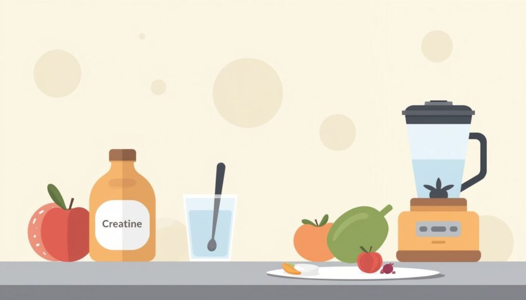 Minimalistische illustratie van een keukenblad met creatine en fruit.