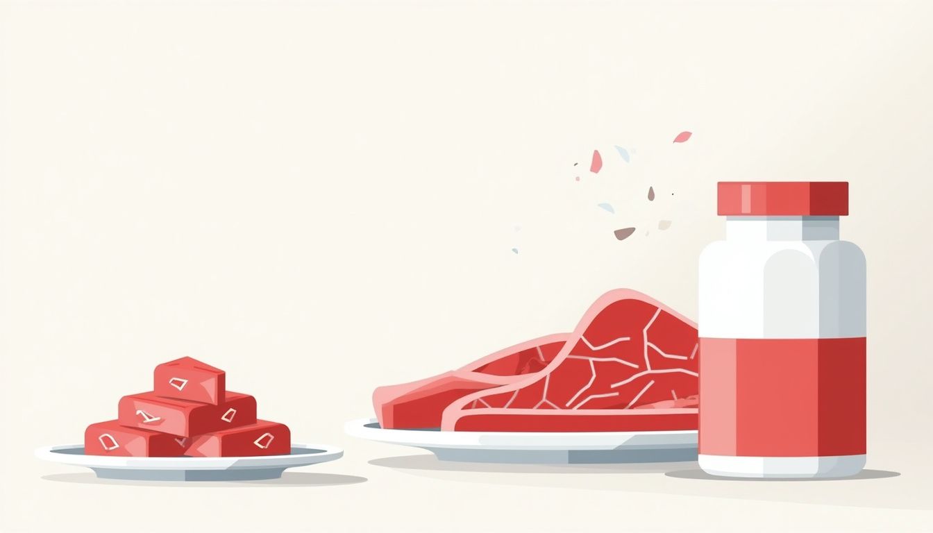 Illustratie van creatine, vlees en vis in minimalistische stijl. Illustratie van creatine, vlees en vis in minimalistische stijl.